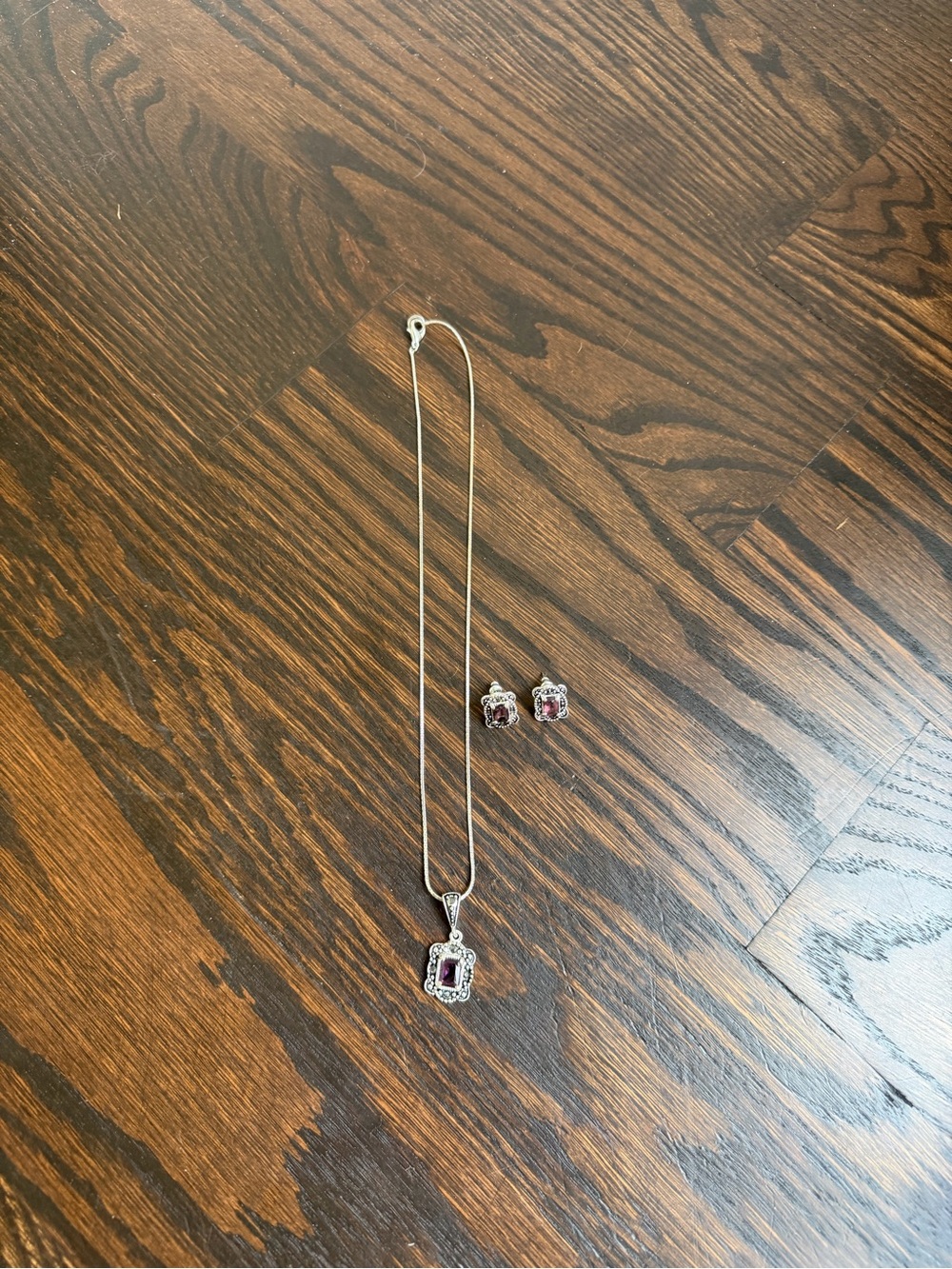 Silver-tone Purple Stone Pendant Necklace with Matching Stud Earrings